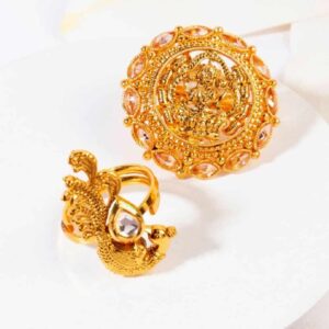 Temple Jewellery Inspired Lakshmiji and Peacock Design Antique Gold Plated Finger Ring Combo Set of 2 for Women