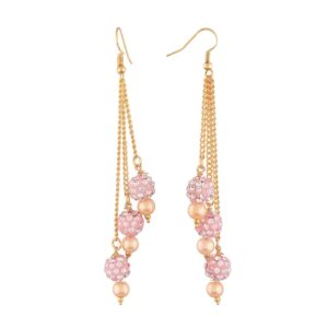 Three Line Chain with Pink Shamballa Ball and Pearl Dangle Drop Earrings