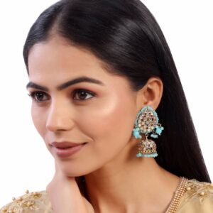 Tilak Shaped Antique Gold Plated Jhumka Earrings with Handcut Mirrors & Ocean Blue Beads for Women