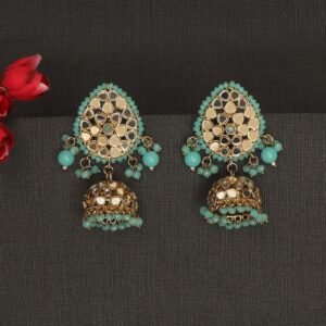 Tilak Shaped Antique Gold Plated Jhumka Earrings with Handcut Mirrors & Ocean Blue Beads for Women
