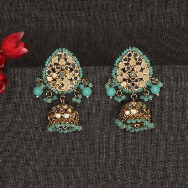 Tilak Shaped Antique Gold Plated Jhumka Earrings with