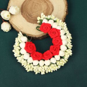 Tiny Red Roses & Ivory-Toned Handcrafted Beaded Floral Gajra Style Hair Bun Accessory for Women