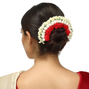 Tiny Red Roses & Ivory-Toned Handcrafted Beaded Floral Gajra Style Hair Bun Accessory for Women