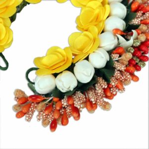 Tiny Yellow Roses & Orange-Toned Handcrafted Beaded Floral Gajra Style Hair Bun Accessory for Women
