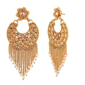 Antique Traditional Gold Plated Rajwadi Semi-Precious Stone Dangle Drop Earrings for Women