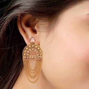 Antique Traditional Gold Plated Rajwadi Semi-Precious Stone Studded Dangle Drop Layered Earrings for Women