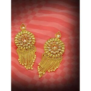 Antique Traditional Gold Plated Rajwadi Semi-Precious Stone Dangle Drop Earrings for Women