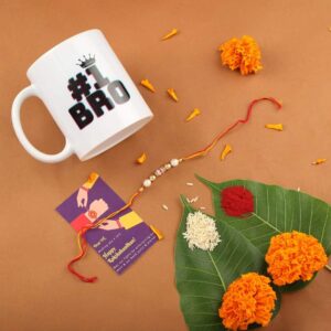 Traditional Delicate Gold Beads Rakhi with Greeting Card for Brother & Gifting