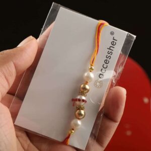 Traditional Delicate Gold Beads Rakhi with Greeting Card for Brother & Gifting