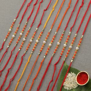 Traditional Delicate Orange Beads Rakhi Pack of 12 for Brother & Gifting