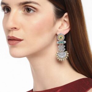 Traditional Dual Tone Dangle Earrings with Artificial Stones