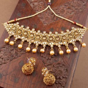 Traditional Filigree Studded Gold Toned Necklace Set for Women