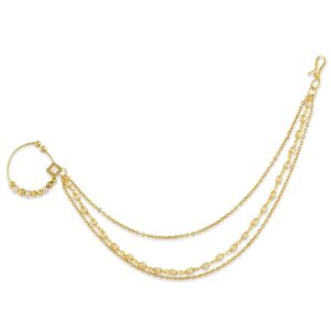Traditional Gold Plated Beads Nose Ring with Multilayered Chain for Women