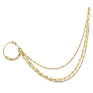 Traditional Gold Plated Beads Nose Ring with Multilayered Chain for Women