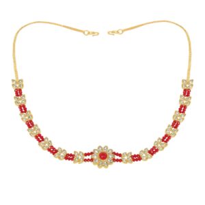 Traditional Gold Plated Bridal Mathapatti/Headband  studded with Kundan and Red Beads for Women