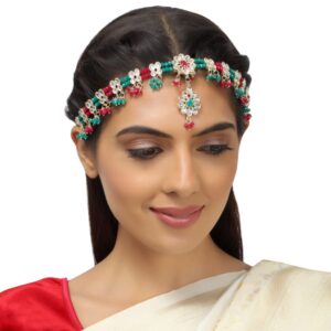 Traditional Gold Plated Bridal Mathapatti/Headband  studded with Kundan and Red Green Beads for Women