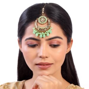 Traditional Gold Plated Chandbali Style Maangtika with Handcut Mirrors & Dangling Beads for Women