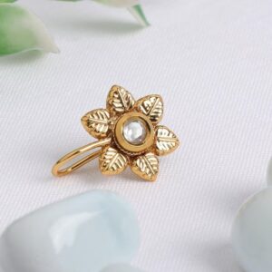 Traditional Gold Plated Flower Shape Kundan Clip on Nose pin for Women