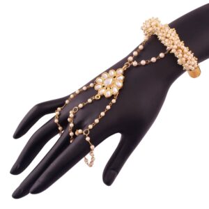 Traditional Gold Plated Kundan and Pearl Studded Ring Bracelet for Women