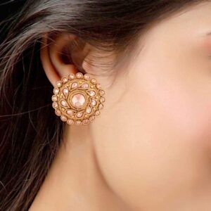 Antique Traditional Gold Plated Rajwadi Semi-Precious Stone Stud Earrings for Women