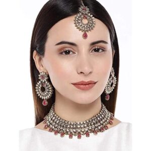 Traditional Gold Plated Ruby Stones Studded Necklace Set with Maang Tikka for Women