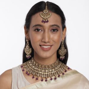 Traditional Gold Plated Studded Bridal Necklace Set with Maang Tikka for Women