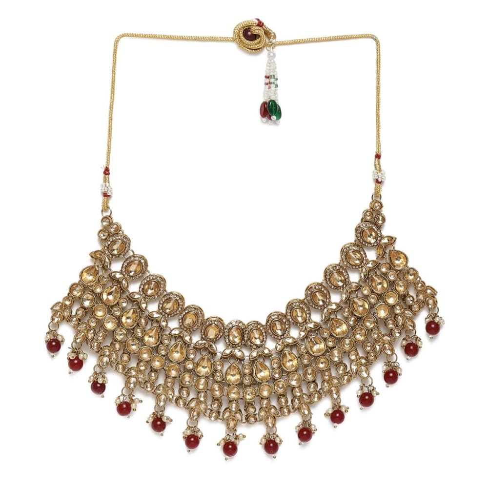 Traditional Gold Plated Studded Bridal Necklace Set with