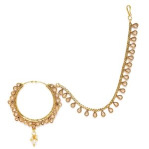 Traditional Gold Plated Studded Nose Ring with Chain for Women