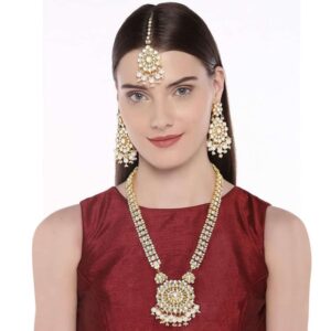 Traditional Handcrafted Pachi Kundan Long Necklace Set with Maang Tikka for Women