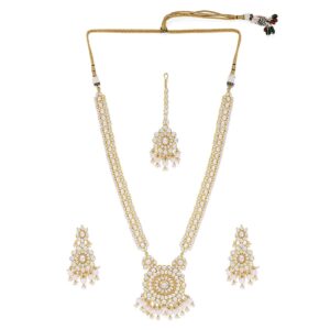 Traditional Handcrafted Pachi Kundan Long Necklace Set with Maang Tikka for Women