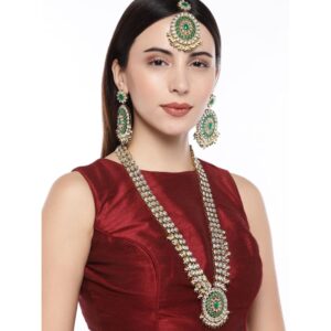 Traditional High Quality Stones Studded Long Necklace Set with Maang Tikka for Women