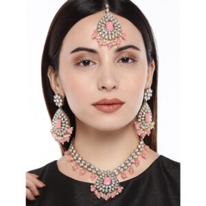 Traditional High Quality Stones Studded Long Pink Necklace Set with Maang Tikka for Women
