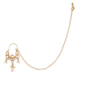 Traditional Jadau Kundan Embellished Nose Ring with Pearl Chain for Women