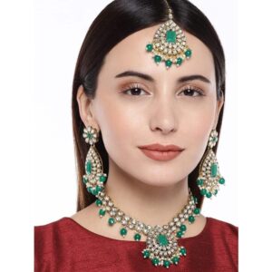Traditional Kunda Studded Long Green Necklace Set with Maang Tikka for Women