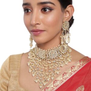 Traditional Kundan and Pearls Embellished Bridal Choker Necklace Set for Women