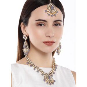Traditional Kundan Studded Long Grey Necklace Set with Maang Tikka for Women