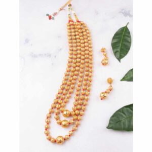 Traditional Multi layered Filigree Golden Beads Necklace Set for Women