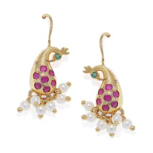 Traditional Peacock Pink Stone Studded Bugadi Ear Cuffs for Women