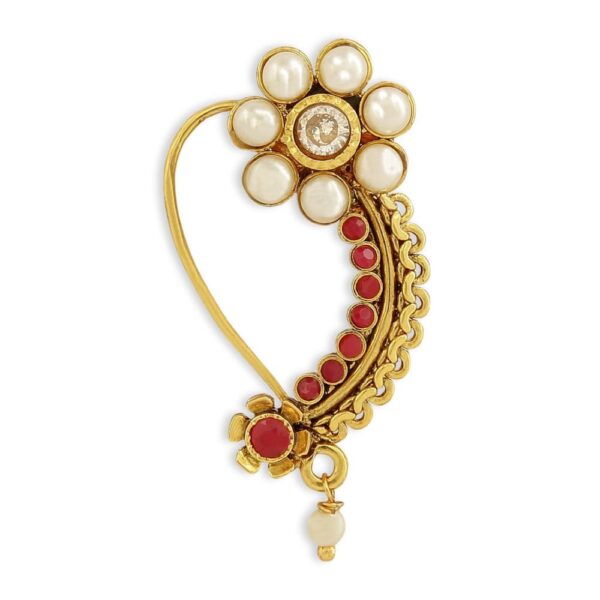 Delicate Antique Gold Plated Pearl and Ruby Nose Ring with