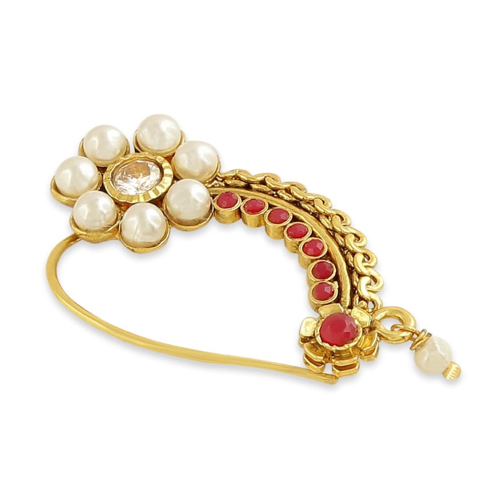 Delicate Antique Gold Plated Pearl and Ruby Nose Ring with