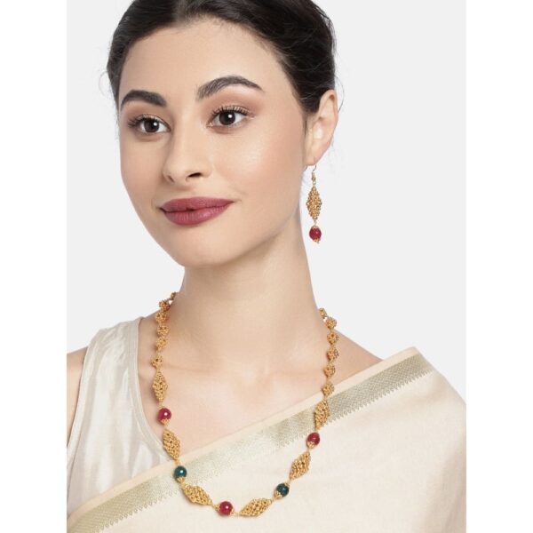 Traditional Ruby Emerald and Golden Beads Long Necklace Set