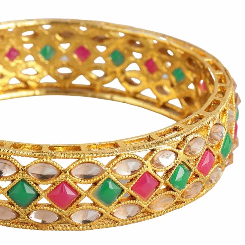 22kt Gold plated set of 2 bangles Pink & Green Stone-Studded