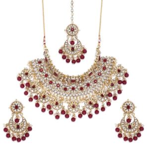 Traditional Ruby Studded Bridal Choker Set with Earrings and Maang Tikka for Women