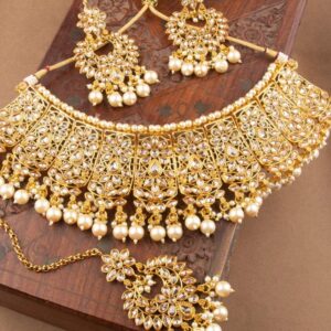 Traditional Gold Plated Studded Chandbali Style Pearl Bridal Choker Necklace Set with Maang Tikka for Women