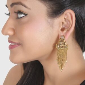 Traditional Studded Gold Plated Earrings with Chain Tassels