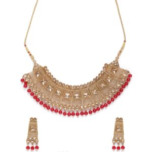 Traditional Gold Plated Studded Red Beads Handcrafted Bridal Choker Necklace Set for Women