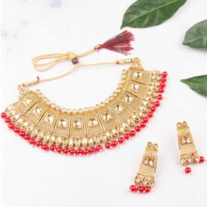 Traditional Gold Plated Studded Red Beads Handcrafted Bridal Choker Necklace Set for Women