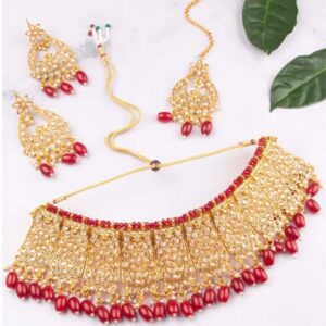 Antique Studded Gold Plated Red Beads Bridal Necklace Set with Maang Tikka for Women