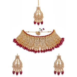 Antique Studded Gold Plated Red Beads Bridal Necklace Set with Maang Tikka for Women