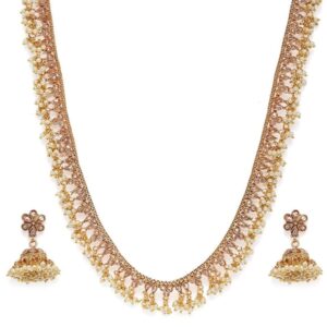 Traditional Gold Plated Studded Long Pearl Necklace Set with Jhumki Earrings for Women